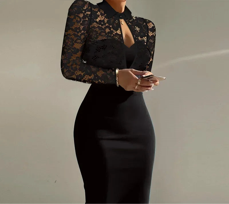 Women's Clothing Lace Splicing Long-sleeved Slim Long Dress High Waist Fashion Casual
