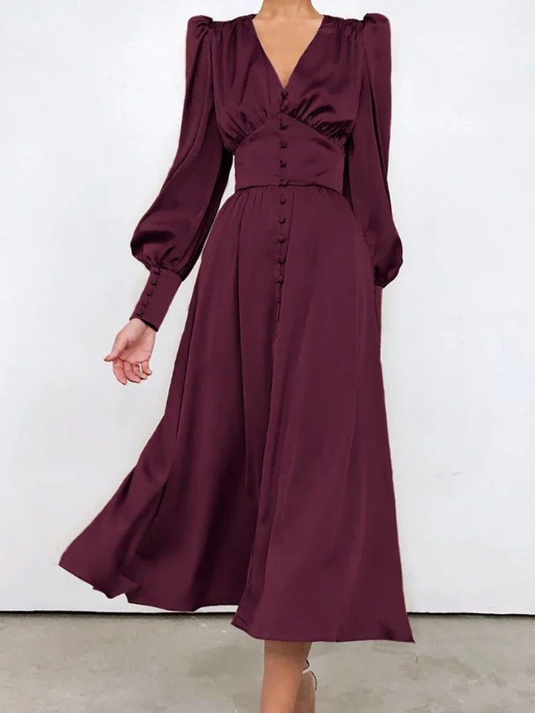 Elegant Fashion Single Breasted Dress for Women Party Robe High Waist Satin Long Dress Sexy Lantern Sleeve Chic Midi Dresses