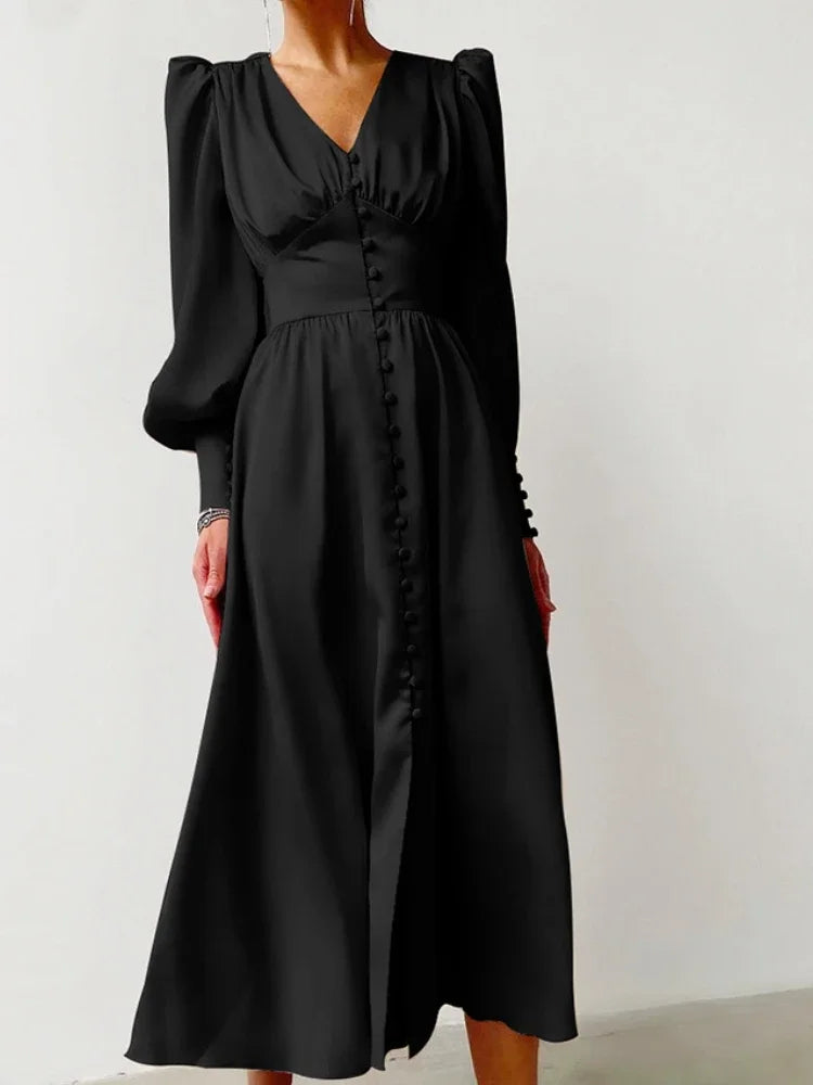 Elegant Fashion Single Breasted Dress for Women Party Robe High Waist Satin Long Dress Sexy Lantern Sleeve Chic Midi Dresses