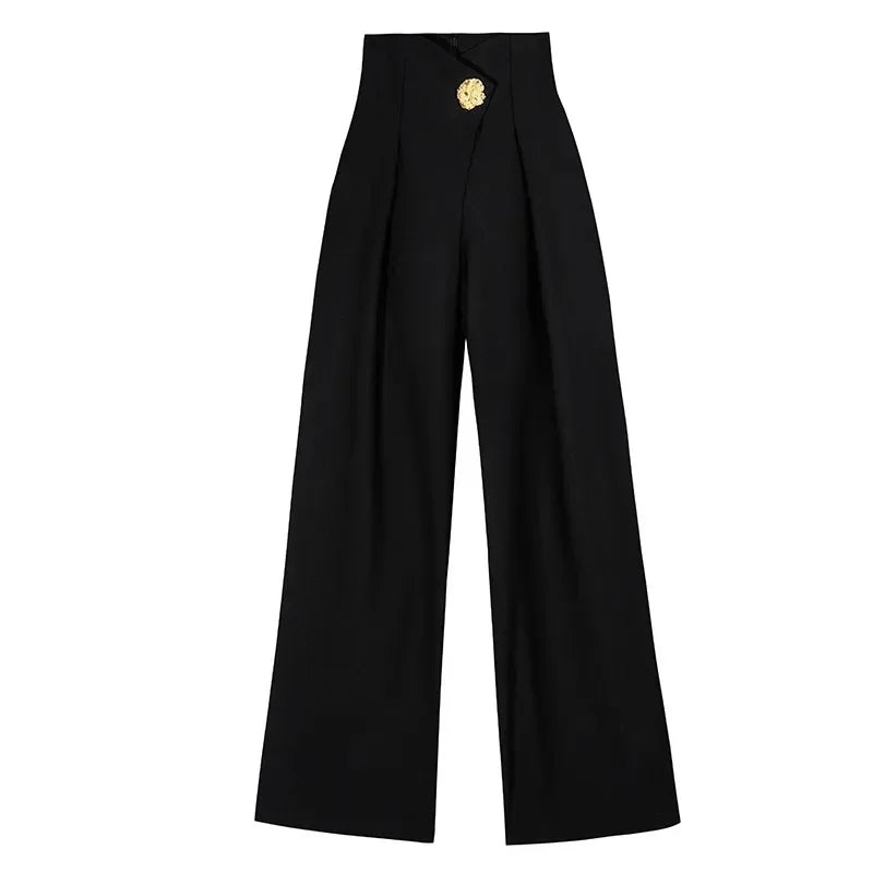 Elegant Office Lady Wide Leg Pants Design Flower Button High Waist Pantalones Baggy Spring Summer Straight Spodnie New