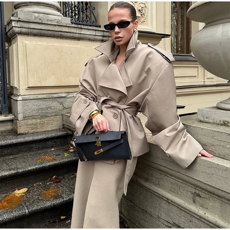Fashion Cropped Trench Coat Women Elegant Solid Lapel Lace Up Double-breasted Windbreaker Jacket Autumn Lady Chic Street Outwear