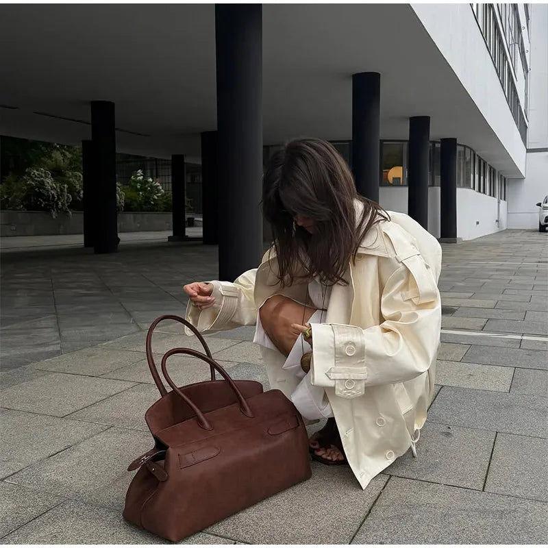 Fashion Cropped Trench Coat Women Elegant Solid Lapel Lace Up Double-breasted Windbreaker Jacket Autumn Lady Chic Street Outwear