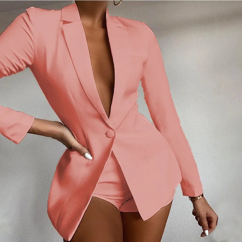Two Piece Blazer Suit Elegant Office Lady Long Sleeve One Button Coat Jacket Shorts Set Outfits