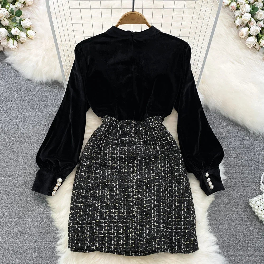 Elegant Long Sleeve Vintage Stand Collar Chic Velvet Spliced Coarse Tweed Slim A-line Dresses High Street Autumn Winter Clothing