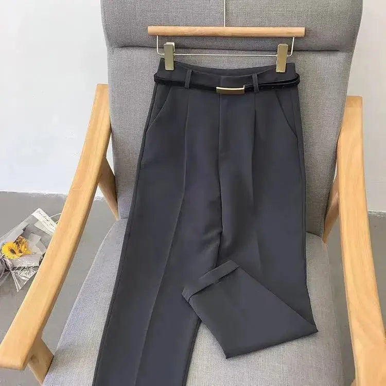 Elegant Summer Casual Pants Women Fashion Solid Color Sashes Slim Straight Trousers Chic Business Mujer Retro Belt.