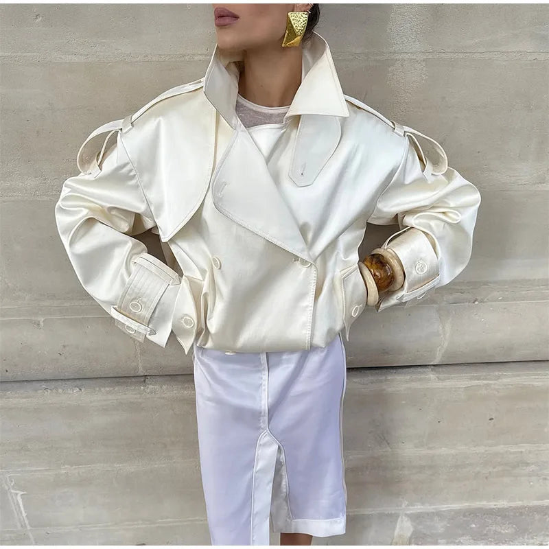 Fashion Cropped Trench Coat Women Elegant Solid Lapel Lace Up Double-breasted Windbreaker Jacket Autumn Lady Chic Street Outwear
