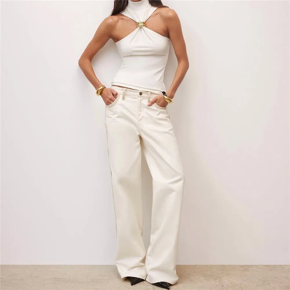 Women Halter Tops Twist Front Sexy Ring Pleated Tank Tops Turtleneck Dressy Sleeveless Summer Slim Fit Vest Streetwear 2025