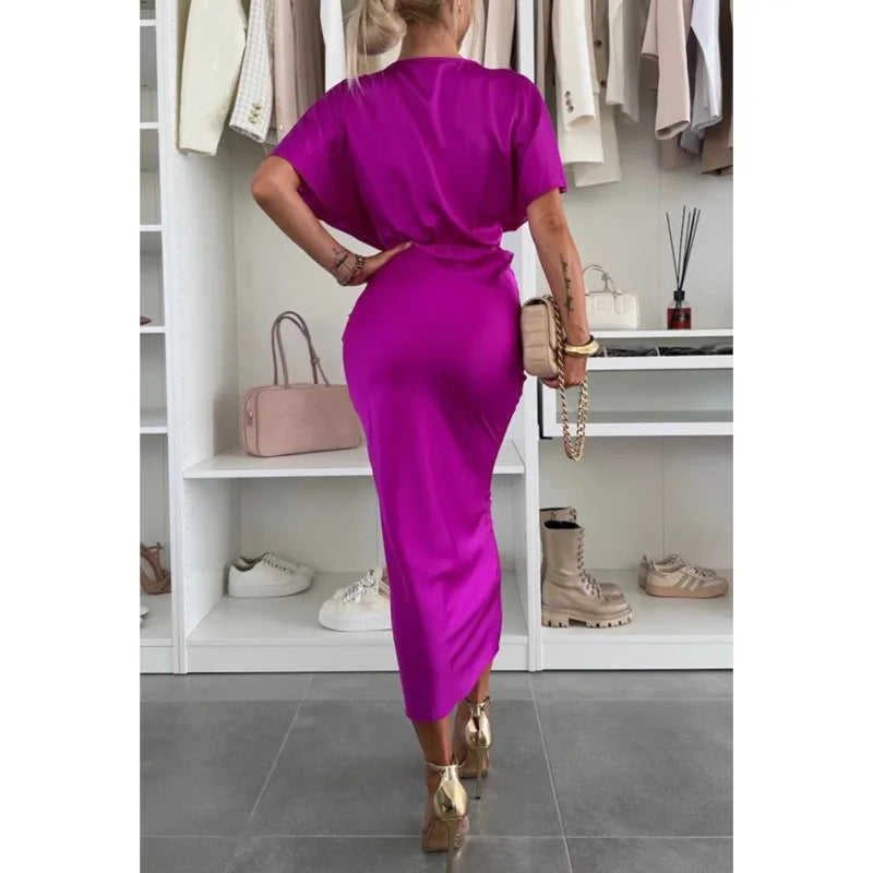 Fashion Sexy Satin Dress Women's Batwing Short Sleeve Wrap V-neck Twist Bodycon Midi Long Dresses Party High Street Dresses