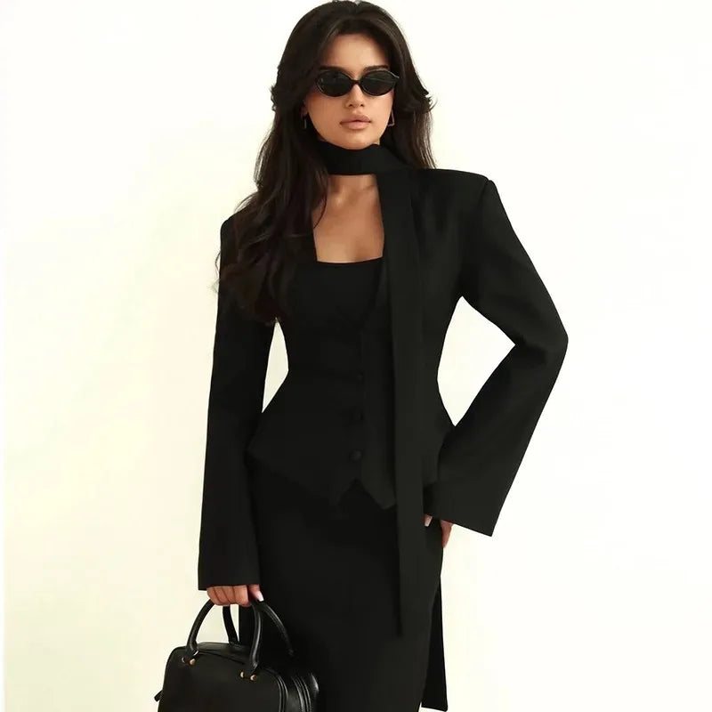 V Neck Scarf Blazer Jacket Women's Elegant Cinched Waist Single Casual Slim Blazers