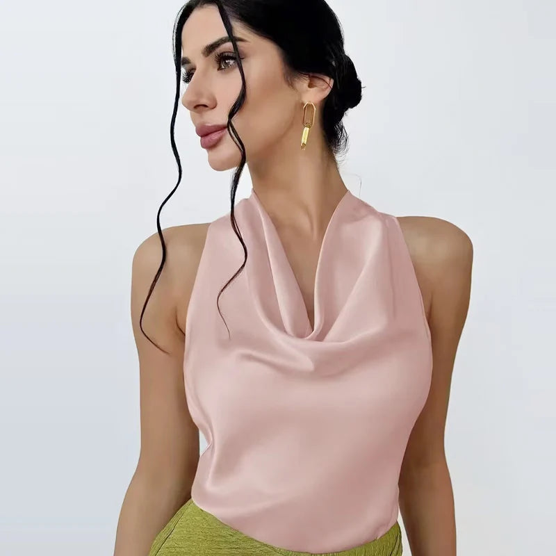 Women Satin Halter Top Summer Black Yellow Tanks & Camis Off Shoulder Crop Tank Top Fashion Sleeveless Backless Vests