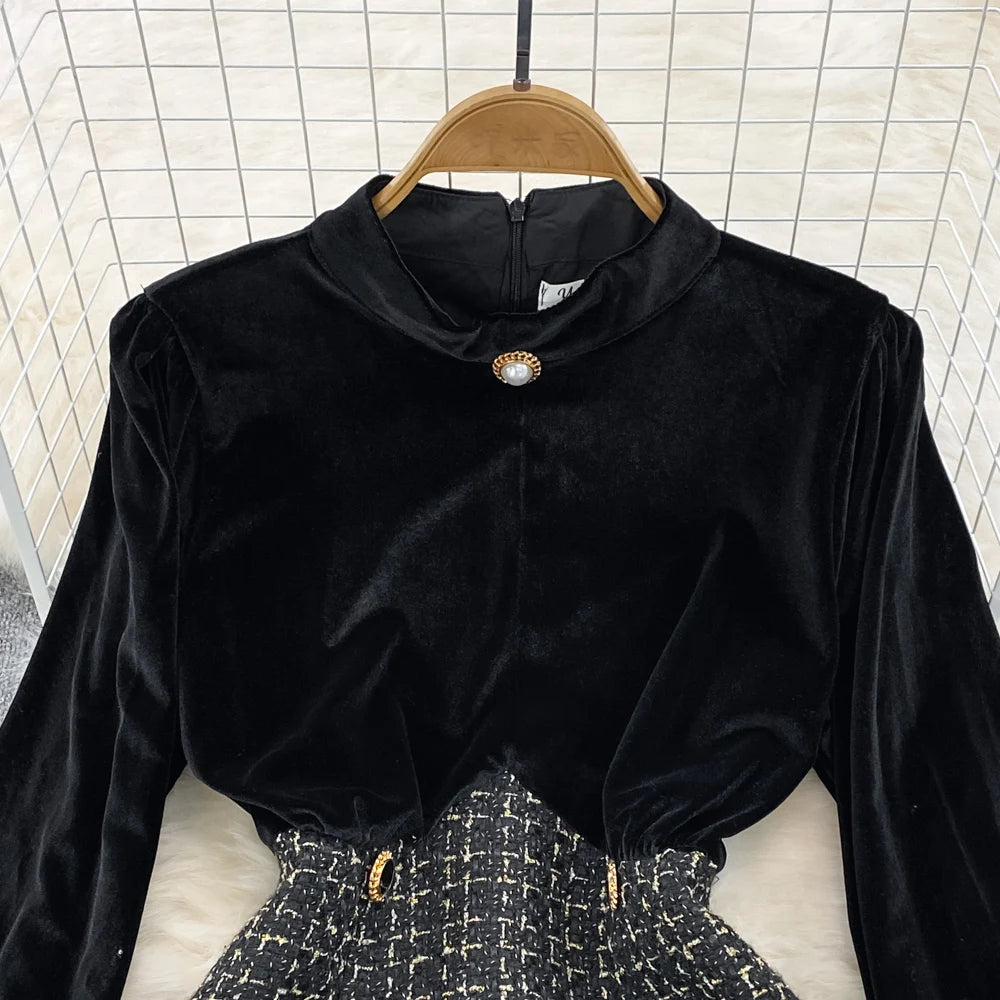 Elegant Long Sleeve Vintage Stand Collar Chic Velvet Spliced Coarse Tweed Slim A-line Dresses High Street Autumn Winter Clothing