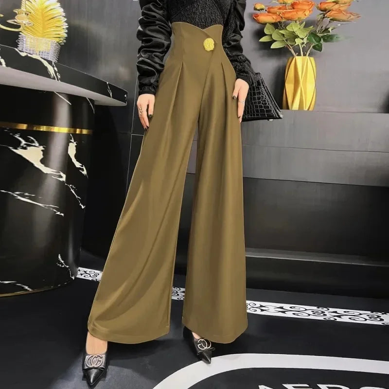 Elegant Office Lady Wide Leg Pants Design Flower Button High Waist Pantalones Baggy Spring Summer Straight Spodnie New