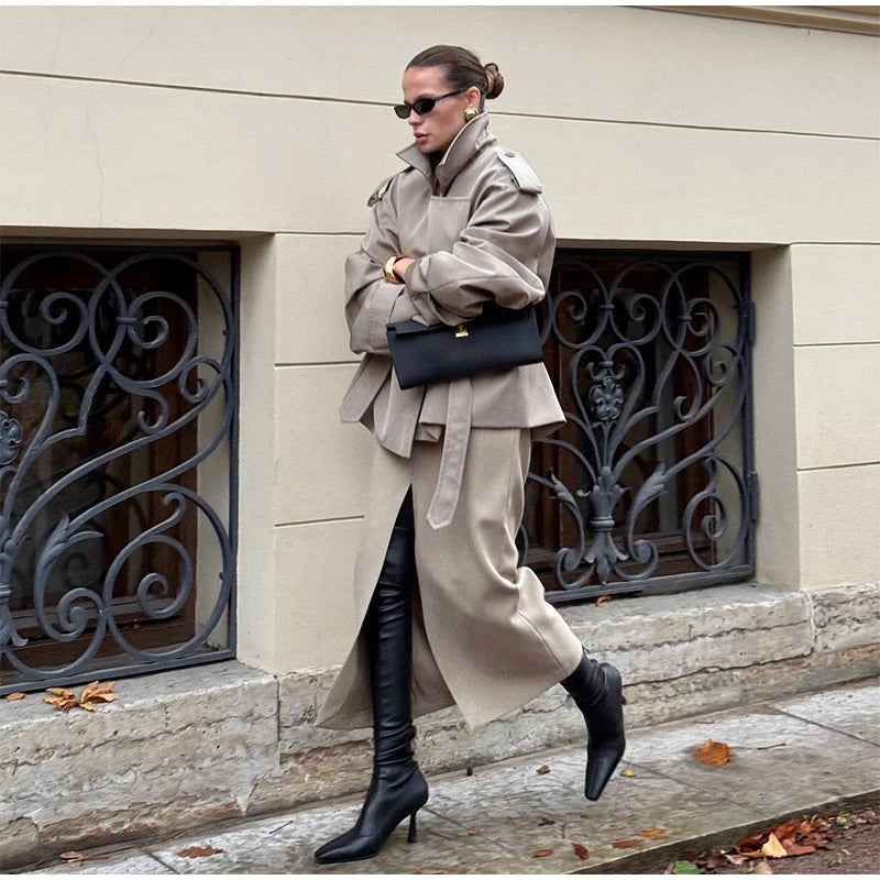 Fashion Cropped Trench Coat Women Elegant Solid Lapel Lace Up Double-breasted Windbreaker Jacket Autumn Lady Chic Street Outwear