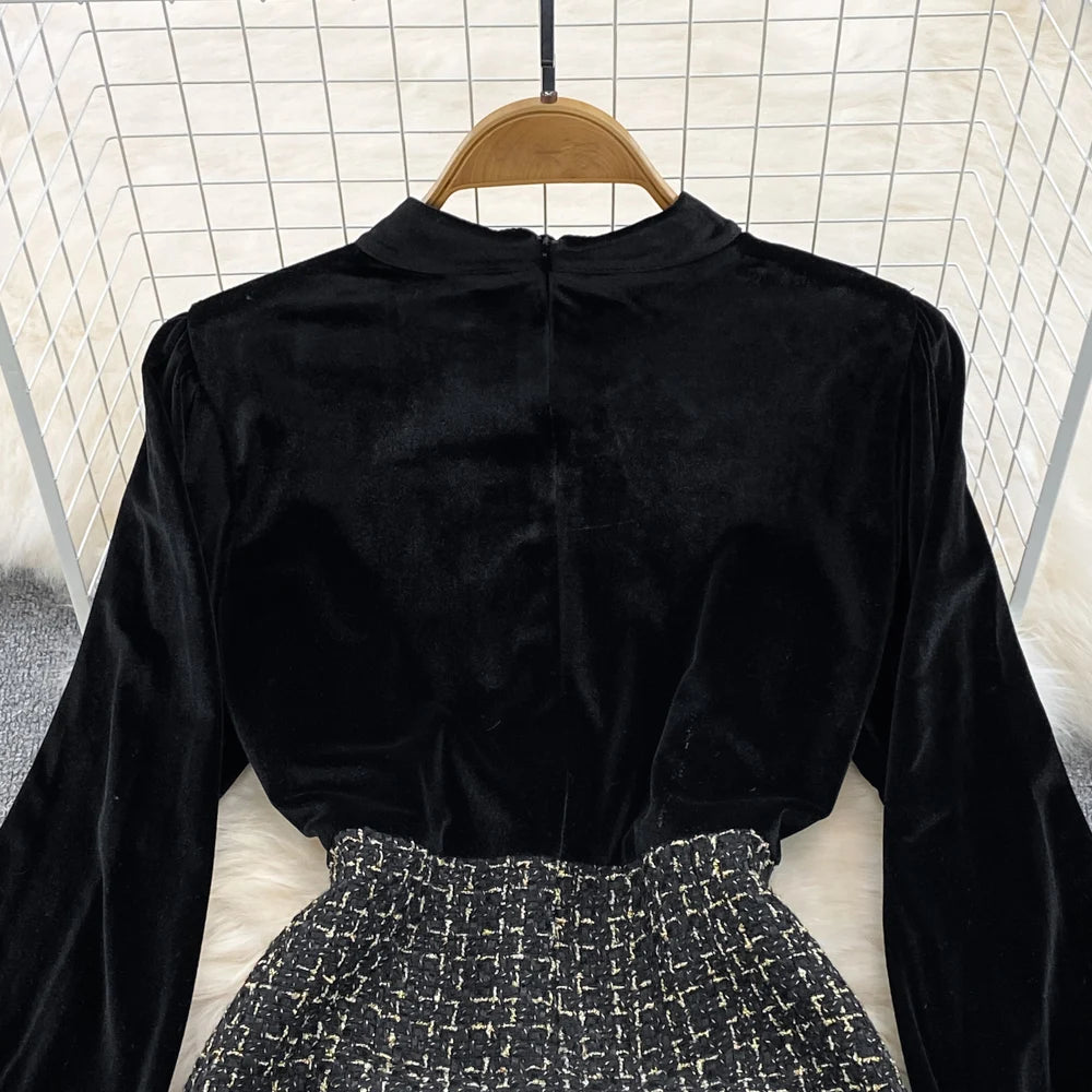 Elegant Long Sleeve Vintage Stand Collar Chic Velvet Spliced Coarse Tweed Slim A-line Dresses High Street Autumn Winter Clothing