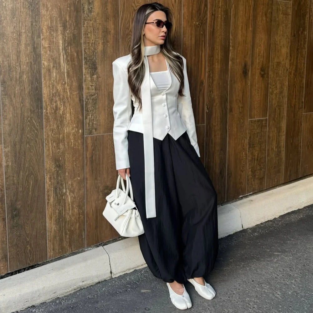 V Neck Scarf Blazer Jacket Women's Elegant Cinched Waist Single Casual Slim Blazers