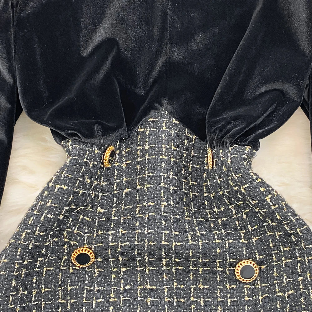 Elegant Long Sleeve Vintage Stand Collar Chic Velvet Spliced Coarse Tweed Slim A-line Dresses High Street Autumn Winter Clothing