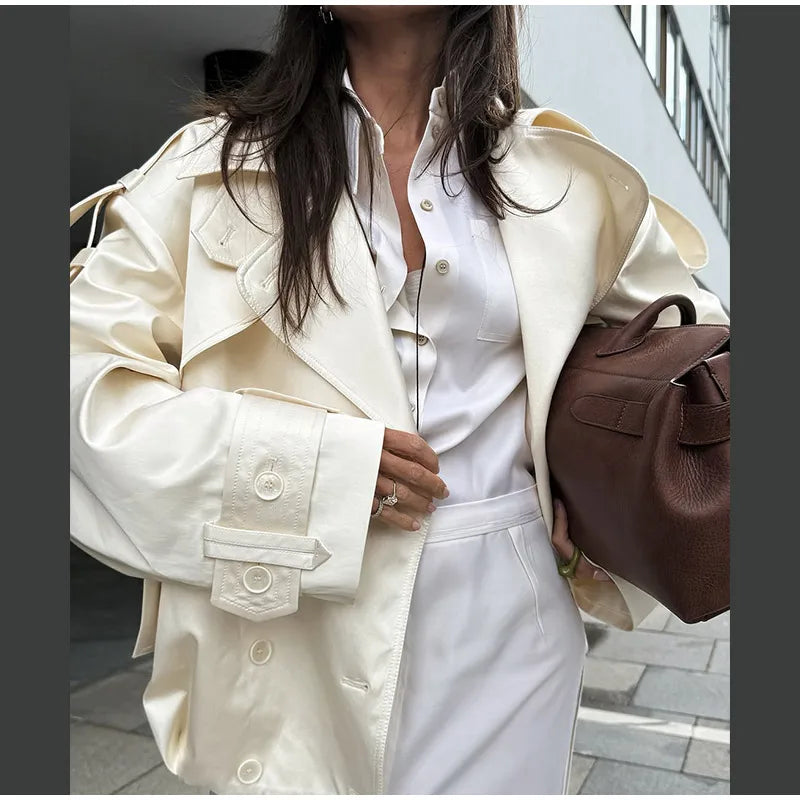 Fashion Cropped Trench Coat Women Elegant Solid Lapel Lace Up Double-breasted Windbreaker Jacket Autumn Lady Chic Street Outwear