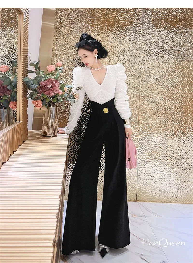 Elegant Office Lady Wide Leg Pants Design Flower Button High Waist Pantalones Baggy Spring Summer Straight Spodnie New