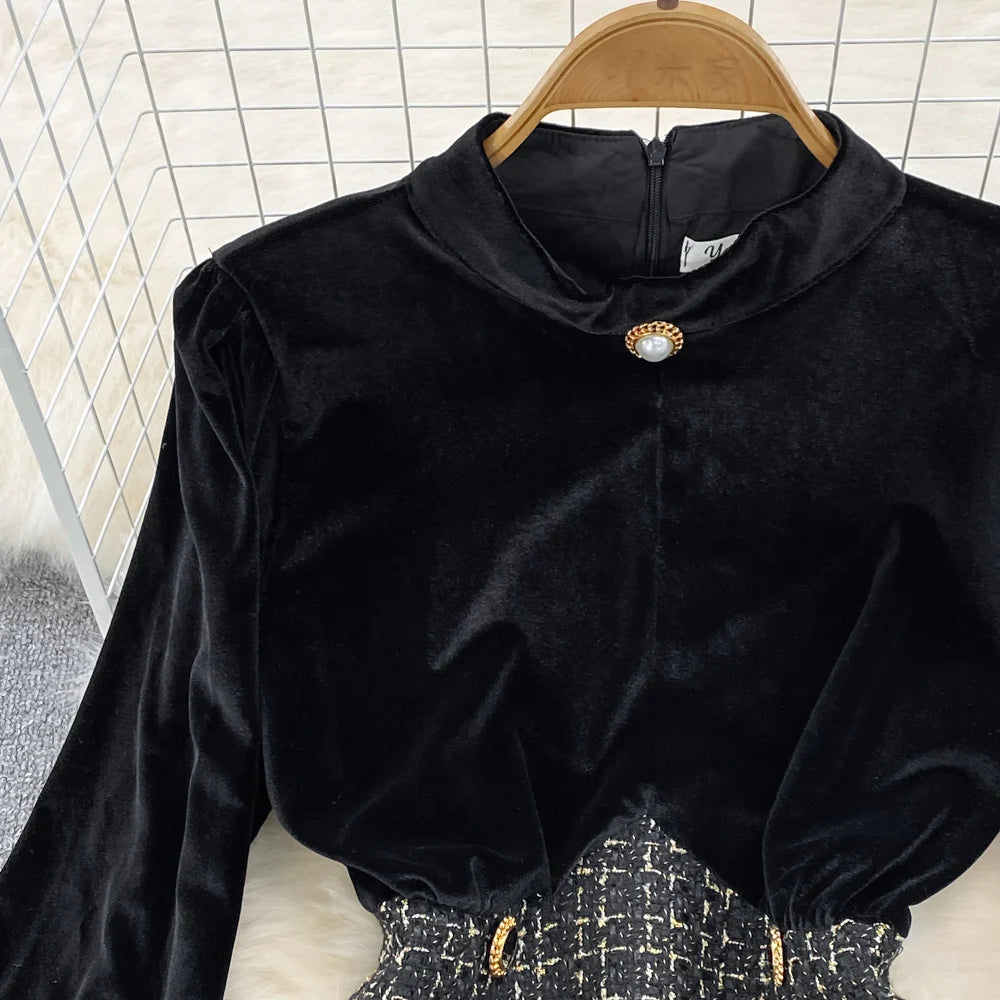 Elegant Long Sleeve Vintage Stand Collar Chic Velvet Spliced Coarse Tweed Slim A-line Dresses High Street Autumn Winter Clothing