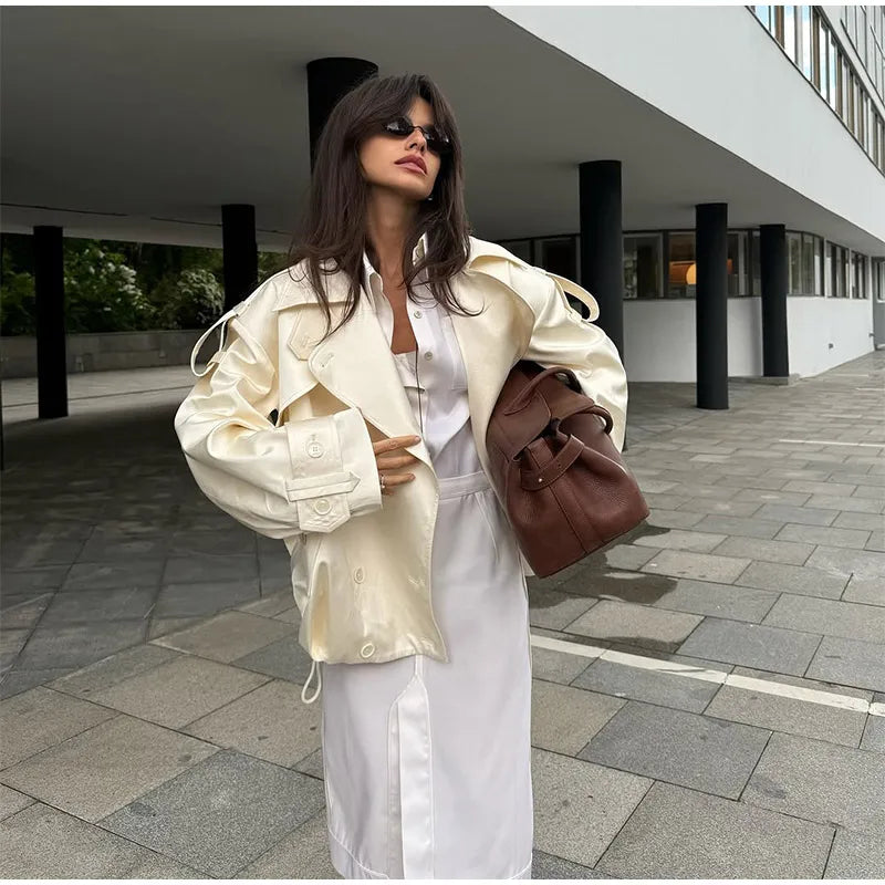Fashion Cropped Trench Coat Women Elegant Solid Lapel Lace Up Double-breasted Windbreaker Jacket Autumn Lady Chic Street Outwear