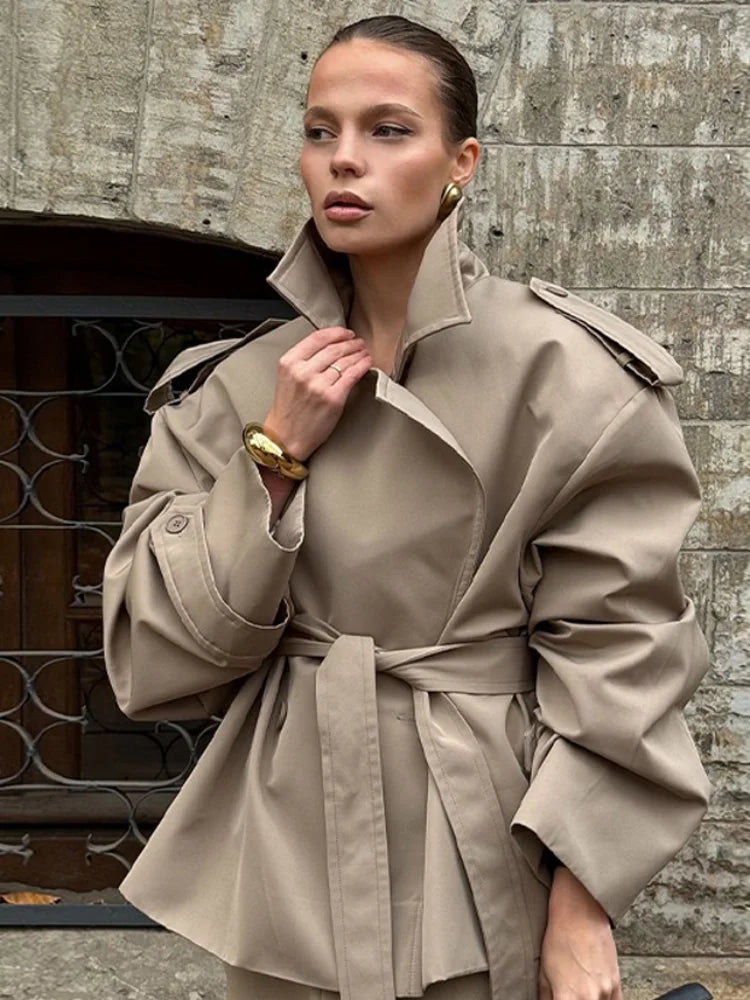 Fashion Cropped Trench Coat Women Elegant Solid Lapel Lace Up Double-breasted Windbreaker Jacket Autumn Lady Chic Street Outwear