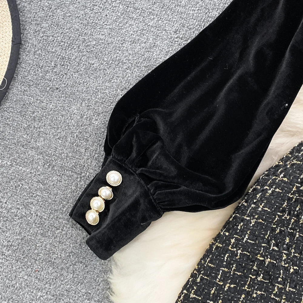 Elegant Long Sleeve Vintage Stand Collar Chic Velvet Spliced Coarse Tweed Slim A-line Dresses High Street Autumn Winter Clothing