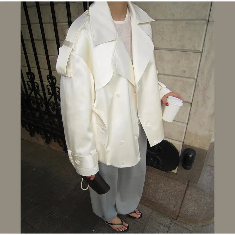 Fashion Cropped Trench Coat Women Elegant Solid Lapel Lace Up Double-breasted Windbreaker Jacket Autumn Lady Chic Street Outwear