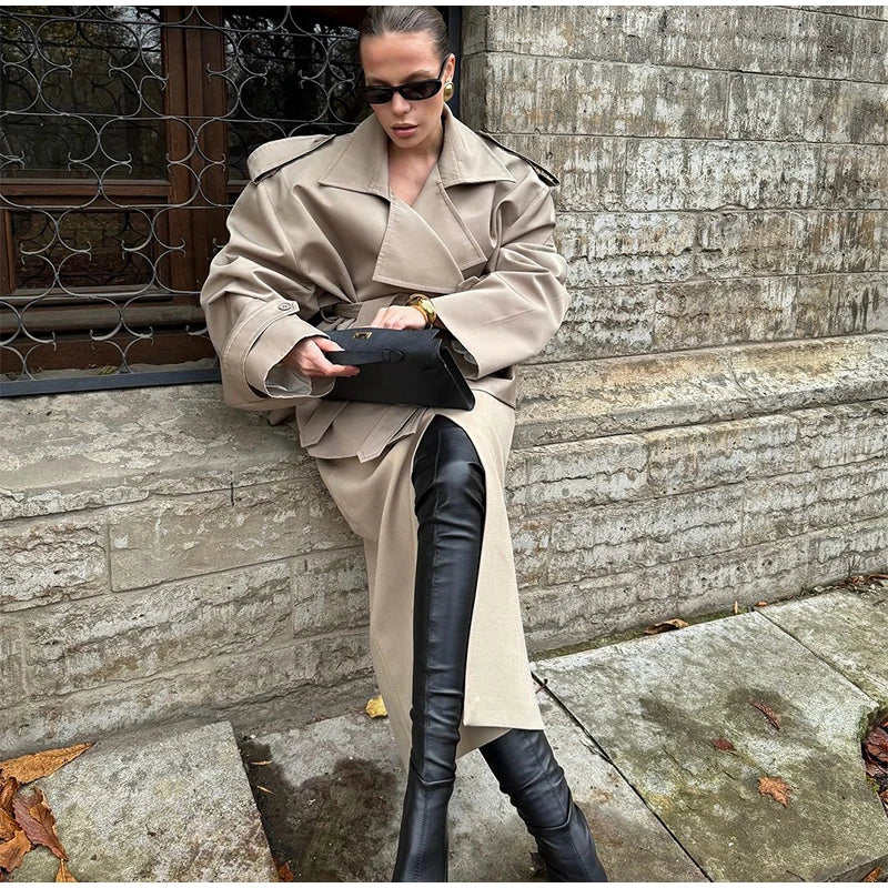 Fashion Cropped Trench Coat Women Elegant Solid Lapel Lace Up Double-breasted Windbreaker Jacket Autumn Lady Chic Street Outwear