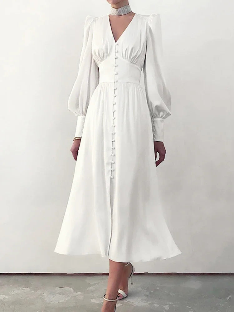 Elegant Fashion Single Breasted Dress for Women Party Robe High Waist Satin Long Dress Sexy Lantern Sleeve Chic Midi Dresses