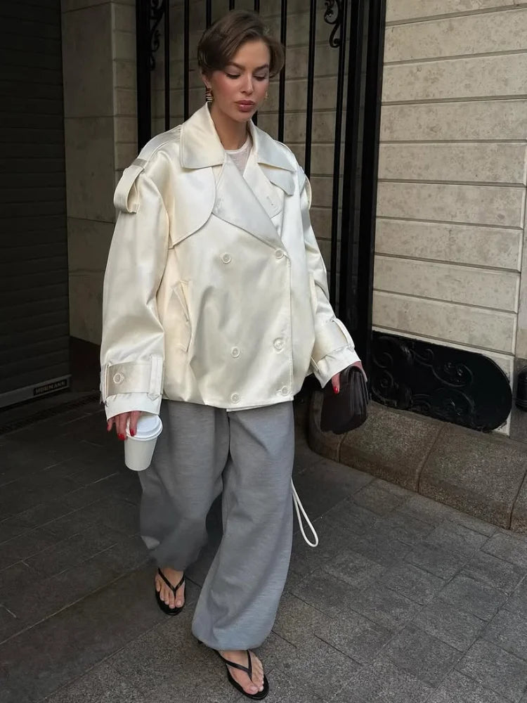 Fashion Cropped Trench Coat Women Elegant Solid Lapel Lace Up Double-breasted Windbreaker Jacket Autumn Lady Chic Street Outwear
