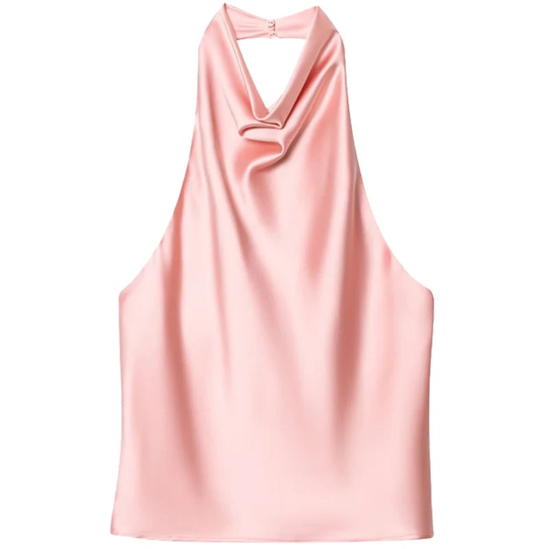 Women Satin Halter Top Summer Black Yellow Tanks & Camis Off Shoulder Crop Tank Top Fashion Sleeveless Backless Vests