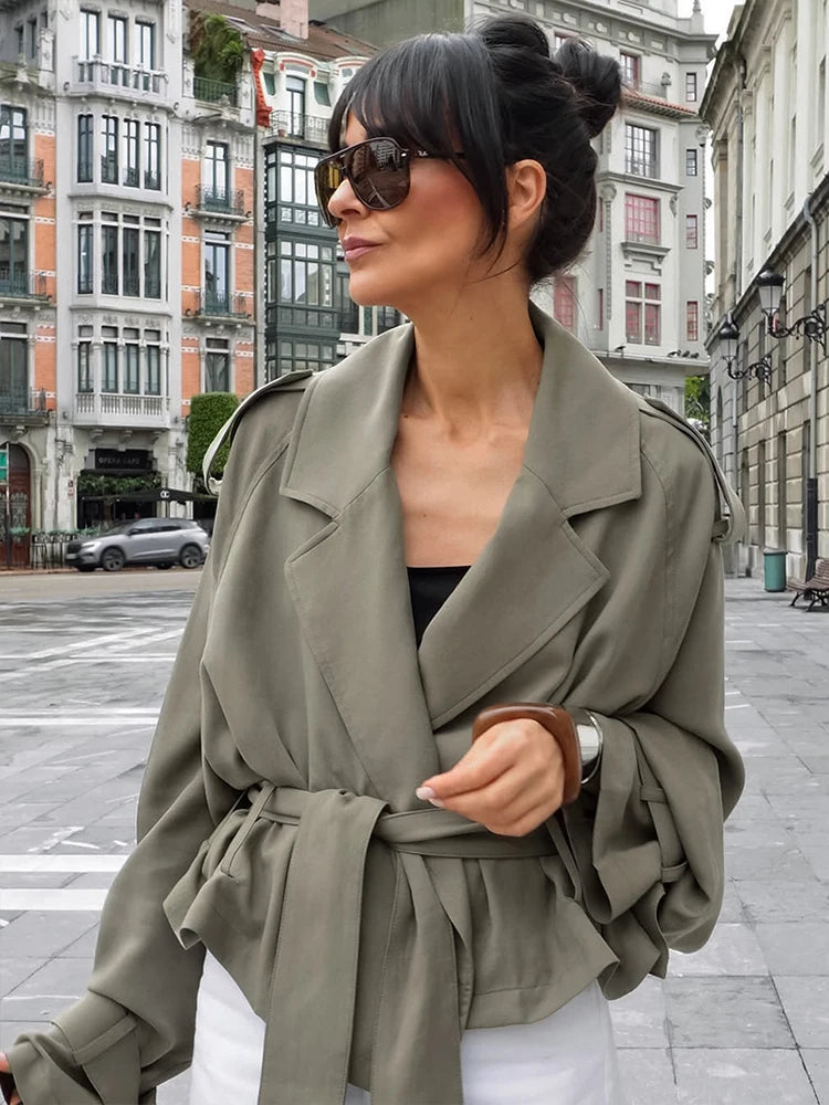 Fashion Cropped Trench Coat Women Elegant Solid Lapel Lace Up Double-breasted Windbreaker Jacket Autumn Lady Chic Street Outwear
