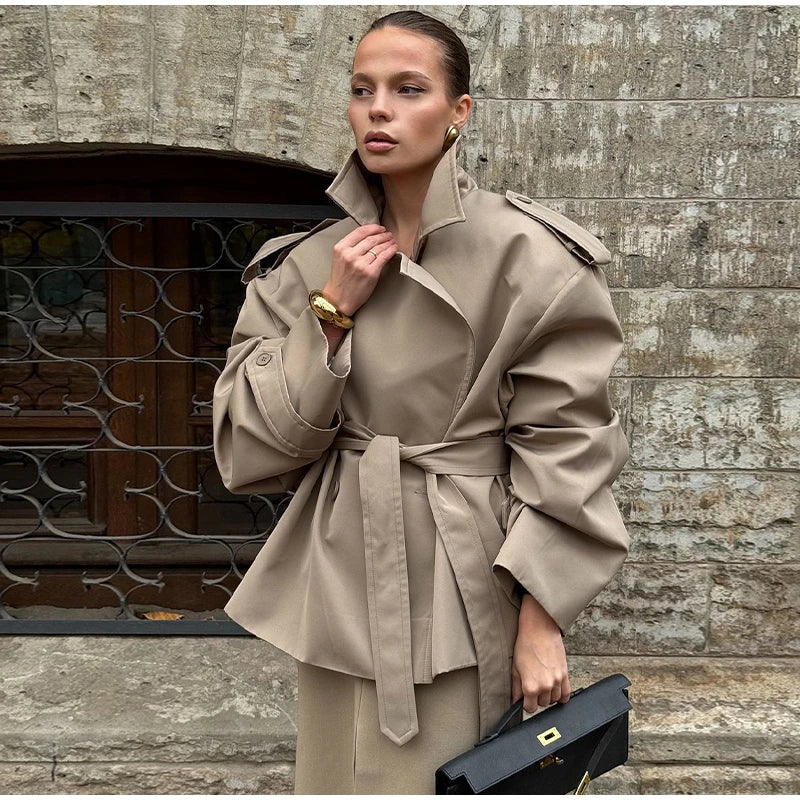 Fashion Cropped Trench Coat Women Elegant Solid Lapel Lace Up Double-breasted Windbreaker Jacket Autumn Lady Chic Street Outwear
