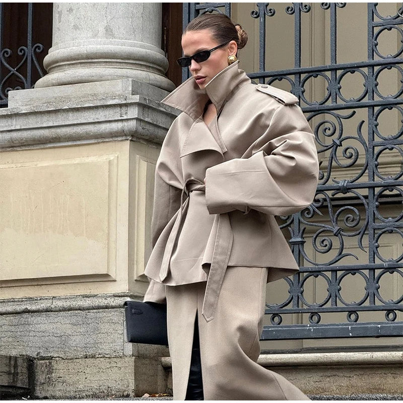 Fashion Cropped Trench Coat Women Elegant Solid Lapel Lace Up Double-breasted Windbreaker Jacket Autumn Lady Chic Street Outwear