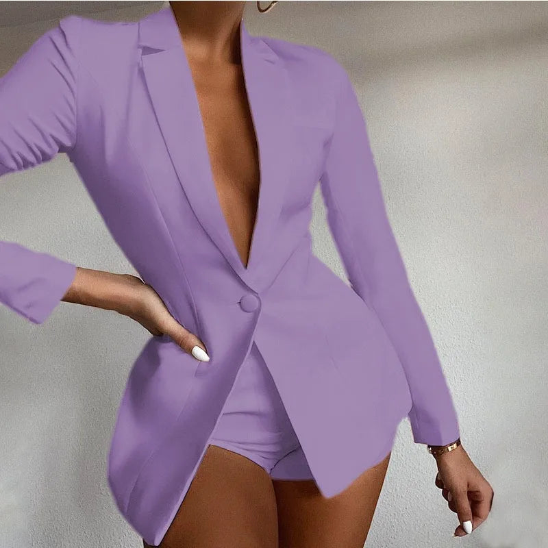 Two Piece Blazer Suit Elegant Office Lady Long Sleeve One Button Coat Jacket Shorts Set Outfits