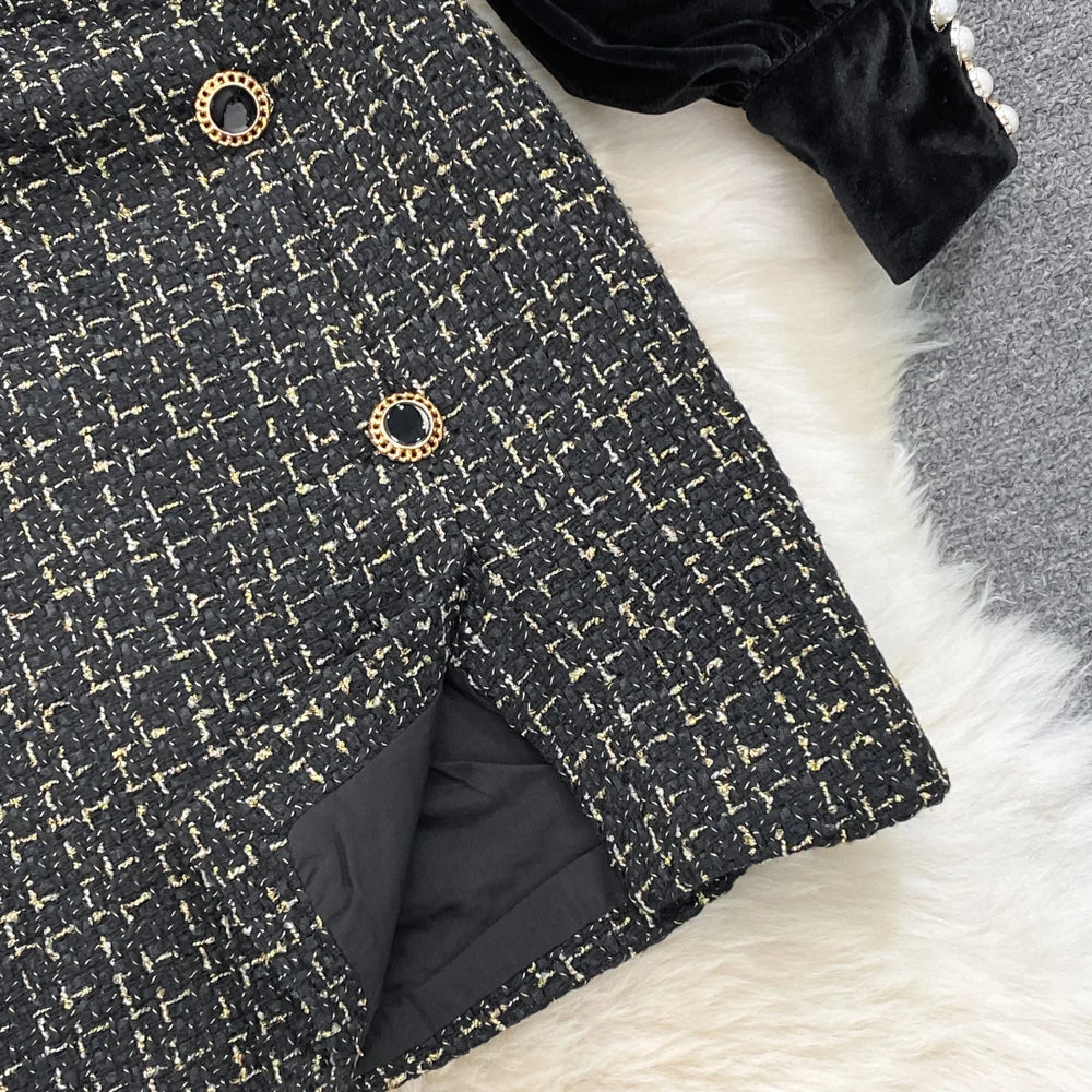 Elegant Long Sleeve Vintage Stand Collar Chic Velvet Spliced Coarse Tweed Slim A-line Dresses High Street Autumn Winter Clothing