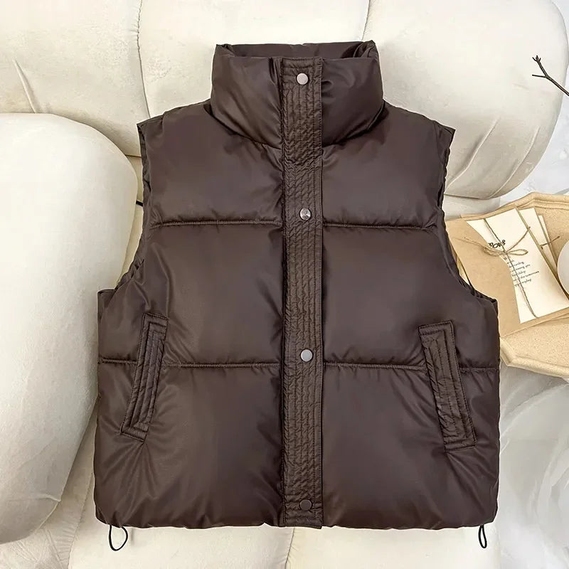New Autumn Casual Loose Down Cotton Vests Women Stand Collar Short Sleeveless Coats Solid Zipper Waistcoat Winter Warm Vest