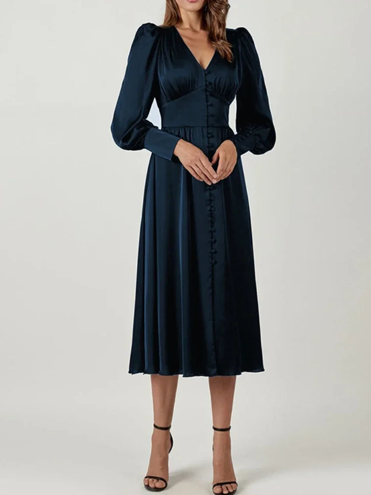 Elegant Fashion Single Breasted Dress for Women Party Robe High Waist Satin Long Dress Sexy Lantern Sleeve Chic Midi Dresses