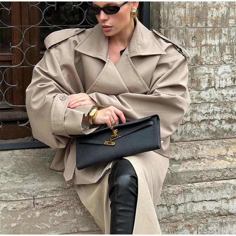 Fashion Cropped Trench Coat Women Elegant Solid Lapel Lace Up Double-breasted Windbreaker Jacket Autumn Lady Chic Street Outwear