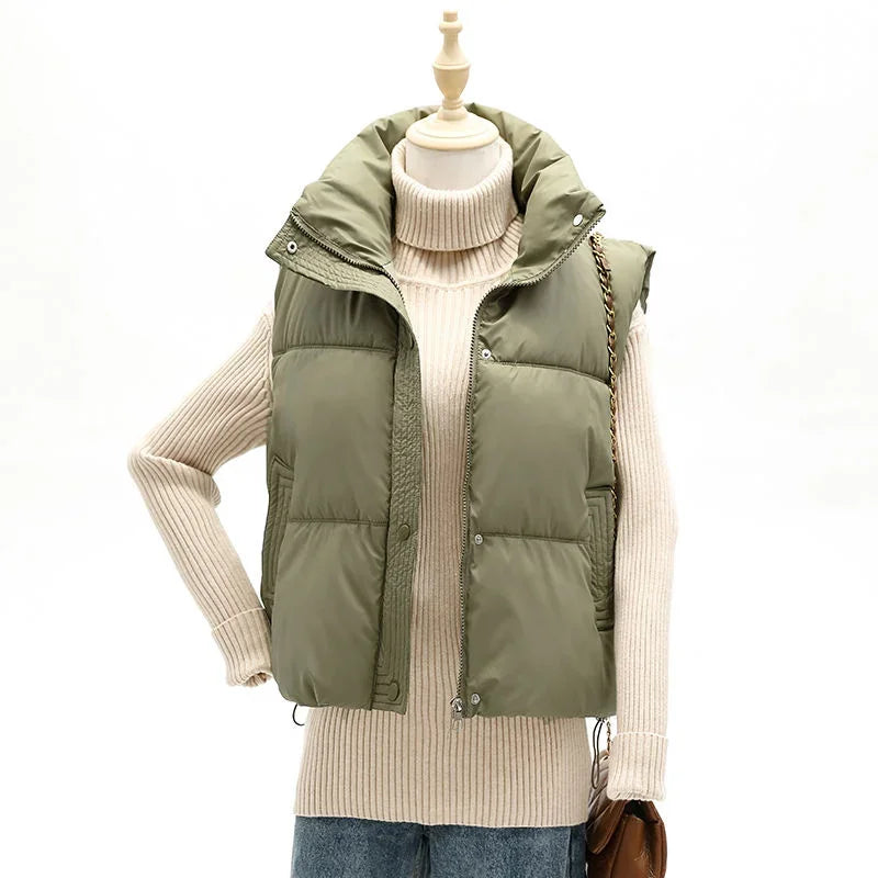 New Autumn Casual Loose Down Cotton Vests Women Stand Collar Short Sleeveless Coats Solid Zipper Waistcoat Winter Warm Vest
