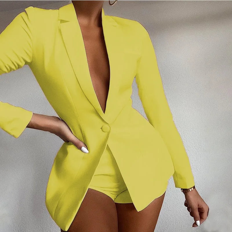 Two Piece Blazer Suit Elegant Office Lady Long Sleeve One Button Coat Jacket Shorts Set Outfits