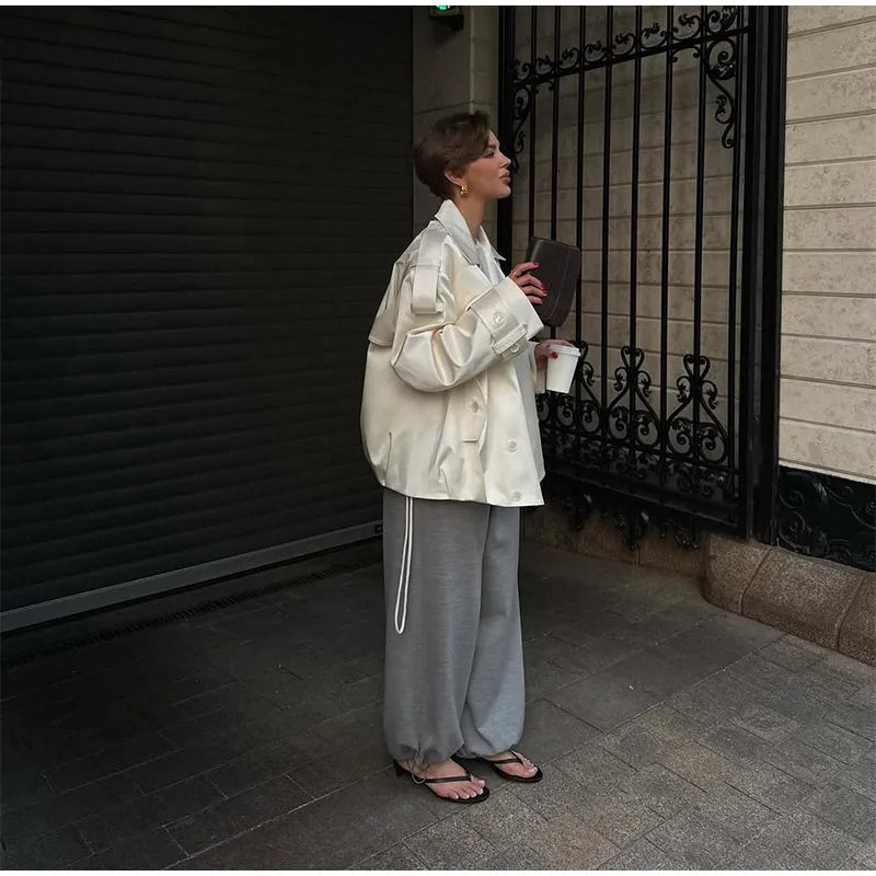 Fashion Cropped Trench Coat Women Elegant Solid Lapel Lace Up Double-breasted Windbreaker Jacket Autumn Lady Chic Street Outwear
