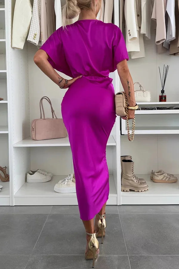 Fashion Sexy Satin Dress Women's Batwing Short Sleeve Wrap V-neck Twist Bodycon Midi Long Dresses Party High Street Dresses