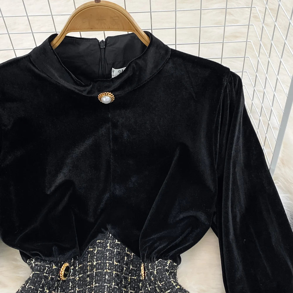Elegant Long Sleeve Vintage Stand Collar Chic Velvet Spliced Coarse Tweed Slim A-line Dresses High Street Autumn Winter Clothing