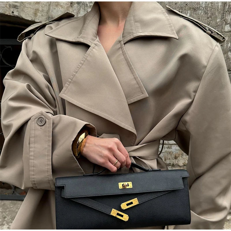 Fashion Cropped Trench Coat Women Elegant Solid Lapel Lace Up Double-breasted Windbreaker Jacket Autumn Lady Chic Street Outwear