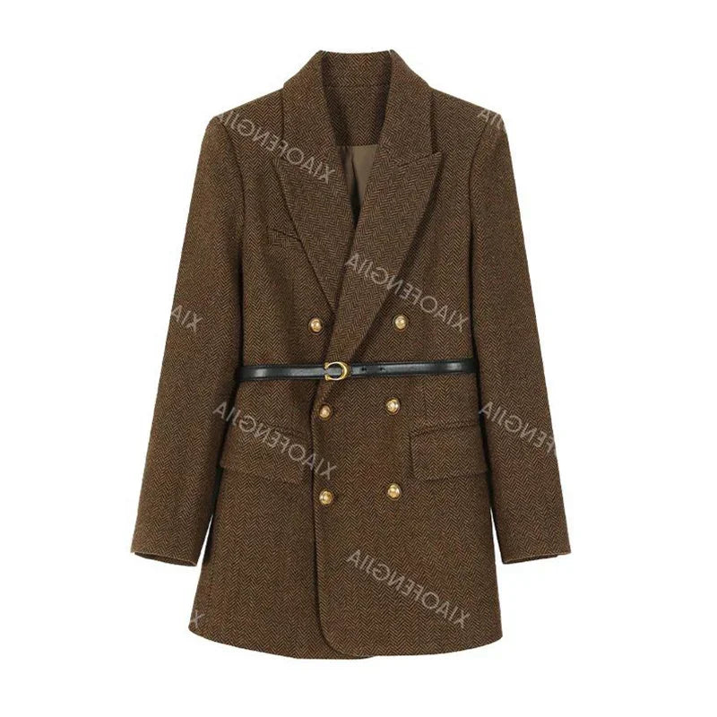 Seasonal Temperament Top Female Blazer Comes With Belt A Vintage Wool Jacket For Women Autumn And Winter