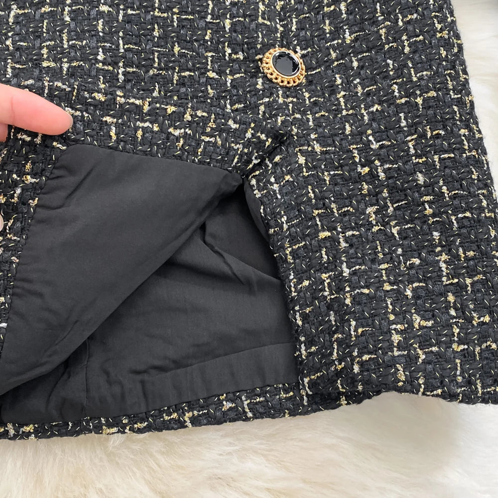 Elegant Long Sleeve Vintage Stand Collar Chic Velvet Spliced Coarse Tweed Slim A-line Dresses High Street Autumn Winter Clothing