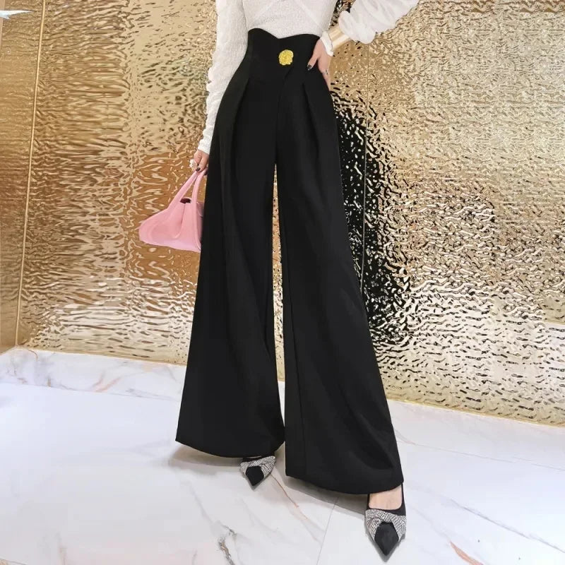 Elegant Office Lady Wide Leg Pants Design Flower Button High Waist Pantalones Baggy Spring Summer Straight Spodnie New