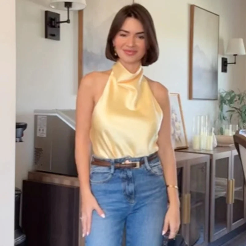 Women Satin Halter Top Summer Black Yellow Tanks & Camis Off Shoulder Crop Tank Top Fashion Sleeveless Backless Vests