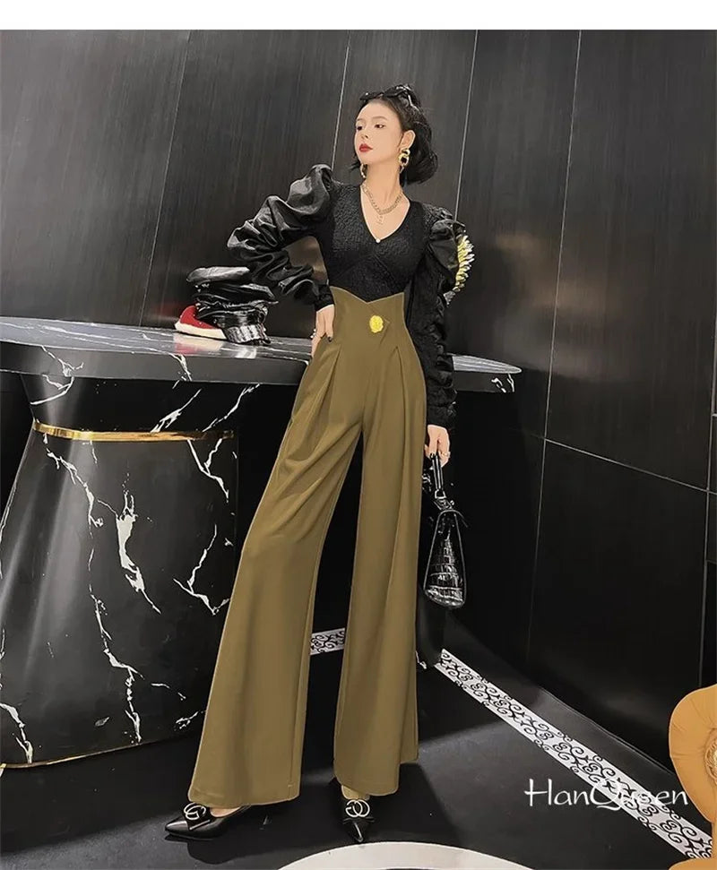 Elegant Office Lady Wide Leg Pants Design Flower Button High Waist Pantalones Baggy Spring Summer Straight Spodnie New